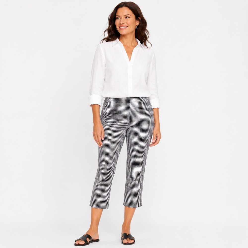 Chico's Gingham Cropped Pants Black White Check Side Zip Capri Size 2 Stretch